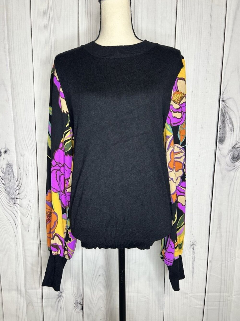 Oddi Womens Sweater Sz L Black Torso Floral Sleeves Lightweight Long Sleeve